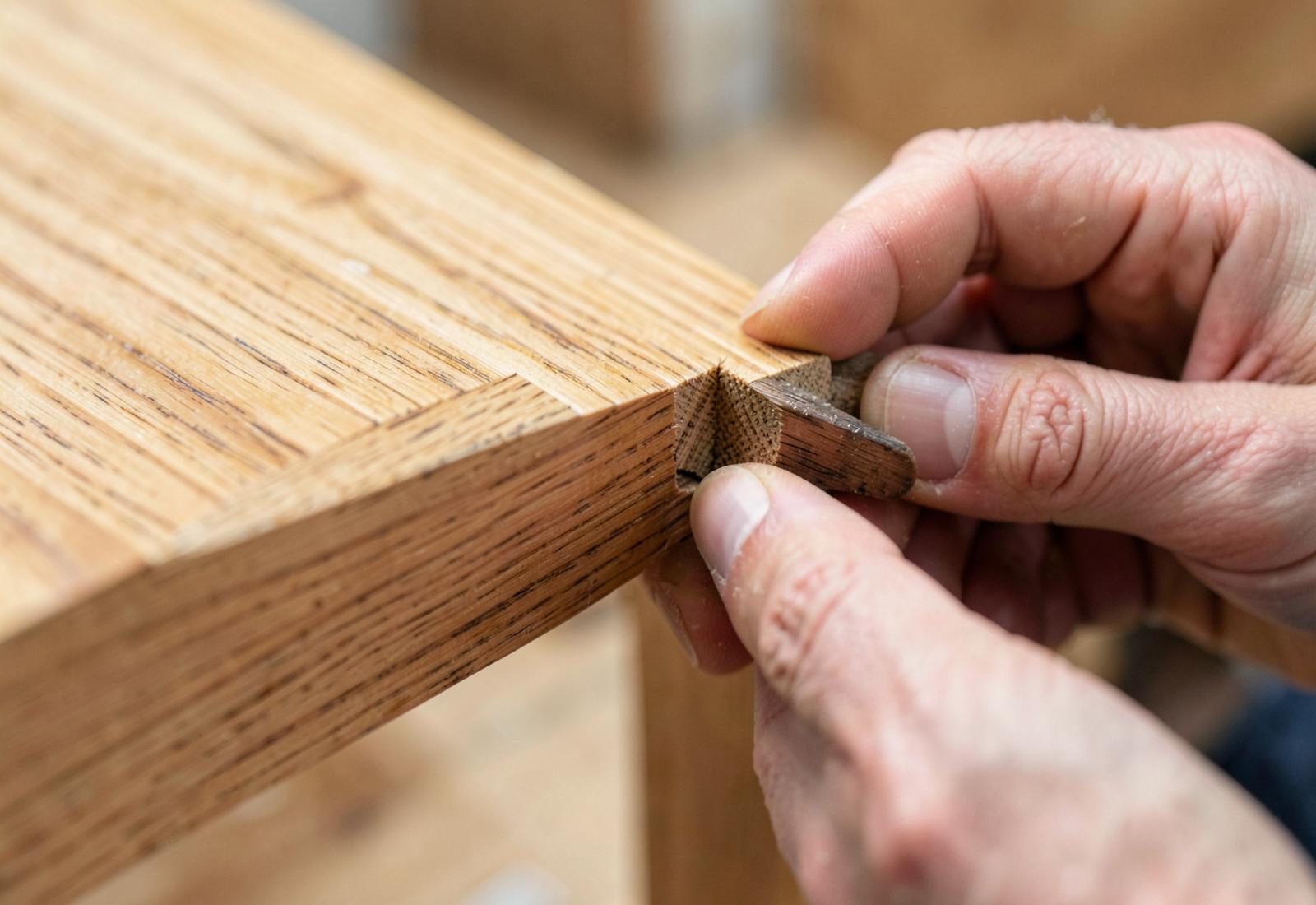 Hands fitting a wooden joint on an oak furniture frame