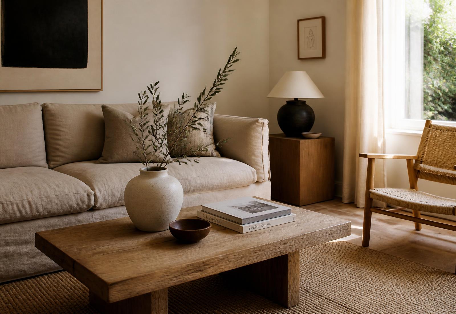 Warm living room with a linen sofa and a solid oak coffee table